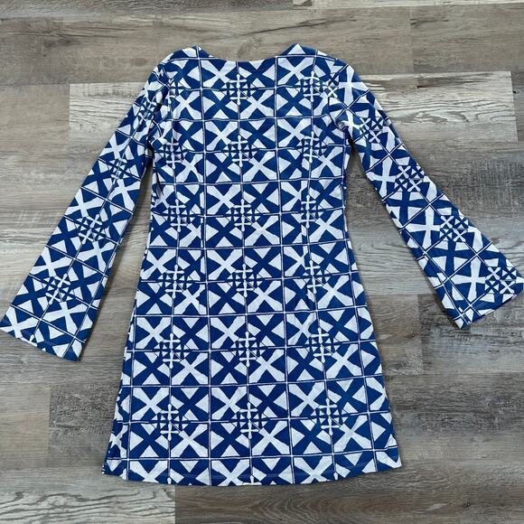 Mahi Gold Blue Geometric Bell Sleeve Dress Cotton Stretch Medium - Picture 2 of 4